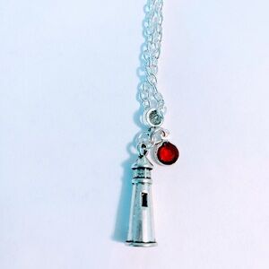Silver Lighthouse Pendant Necklace with Red Accent